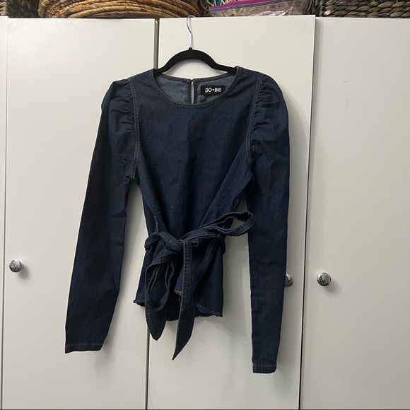 Dark Wash Denim Puff-Sleeve Long Belted Contrast Stitching Shirt Top Blouse Sz M - Picture 5 of 14